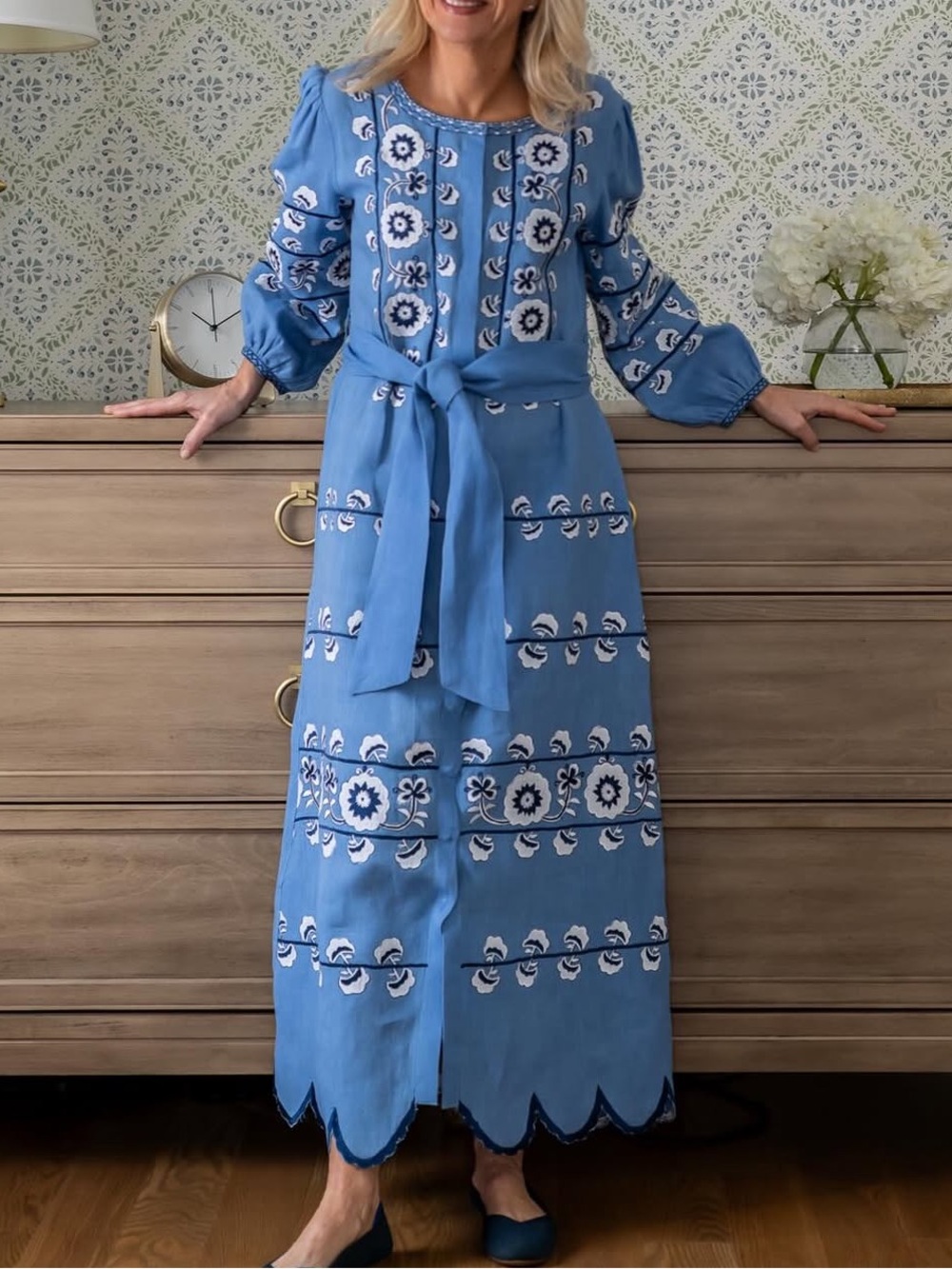 ASHA by Ashley McCormick 100% Linen Blue Lucia Midi Dress XL
